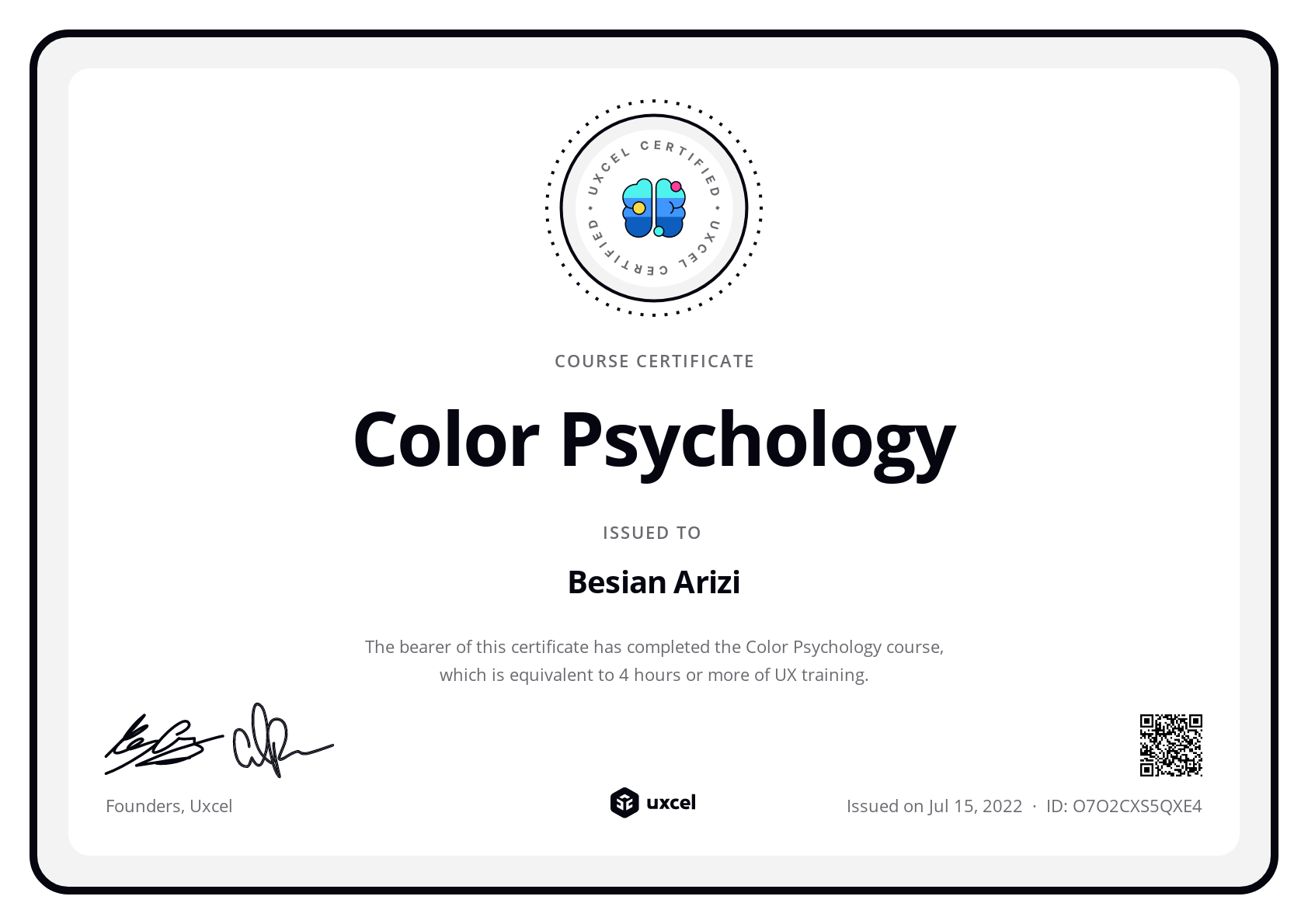 Besian Arizi's certificate